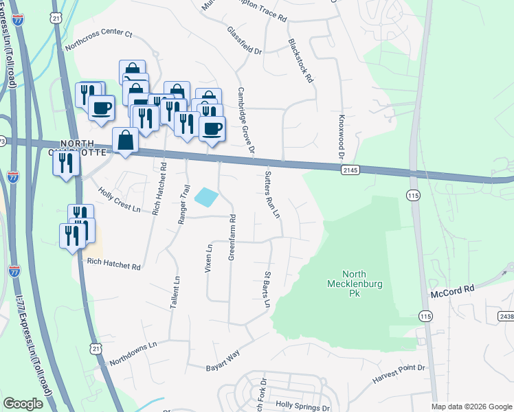 map of restaurants, bars, coffee shops, grocery stores, and more near 16543 Rudyard Lane in Huntersville