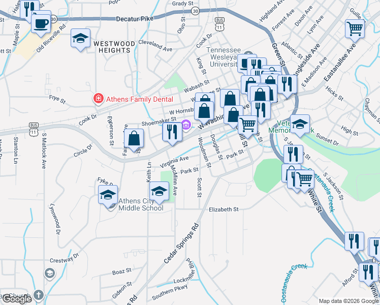 map of restaurants, bars, coffee shops, grocery stores, and more near 614 Virginia Avenue in Athens