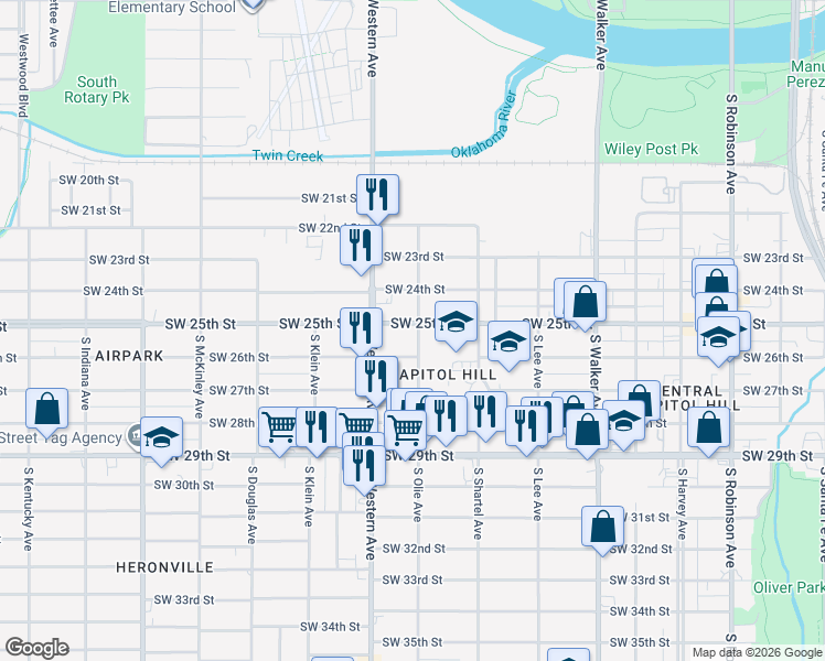 map of restaurants, bars, coffee shops, grocery stores, and more near 2609 South Olie Avenue in Oklahoma City
