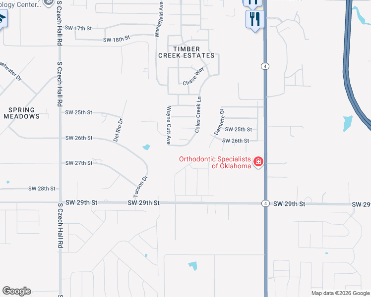 map of restaurants, bars, coffee shops, grocery stores, and more near 2636 Coles Creek Lane in Yukon