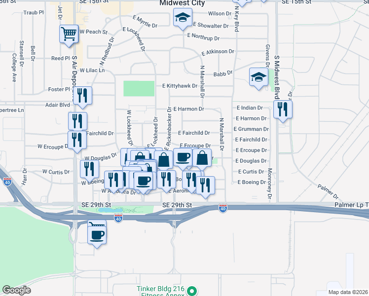 map of restaurants, bars, coffee shops, grocery stores, and more near 214 East Ercoupe Drive in Midwest City