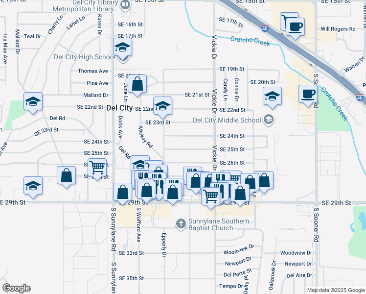 map of restaurants, bars, coffee shops, grocery stores, and more near 4525 Southeast 25th Street in Del City