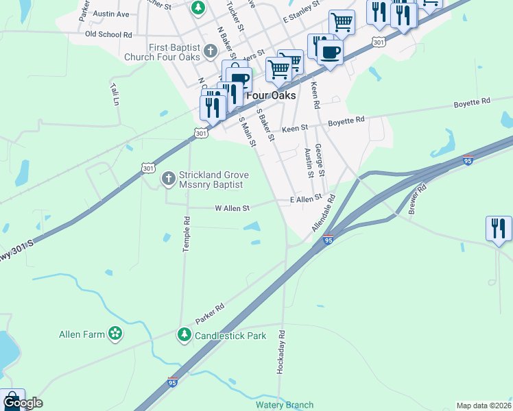 map of restaurants, bars, coffee shops, grocery stores, and more near 103 West Allen Street in Four Oaks
