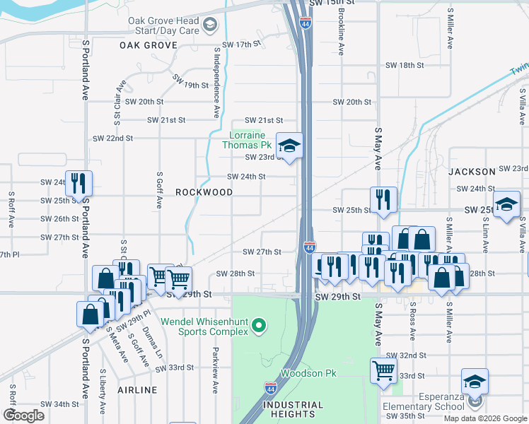 map of restaurants, bars, coffee shops, grocery stores, and more near 2644 South Land Avenue in Oklahoma City