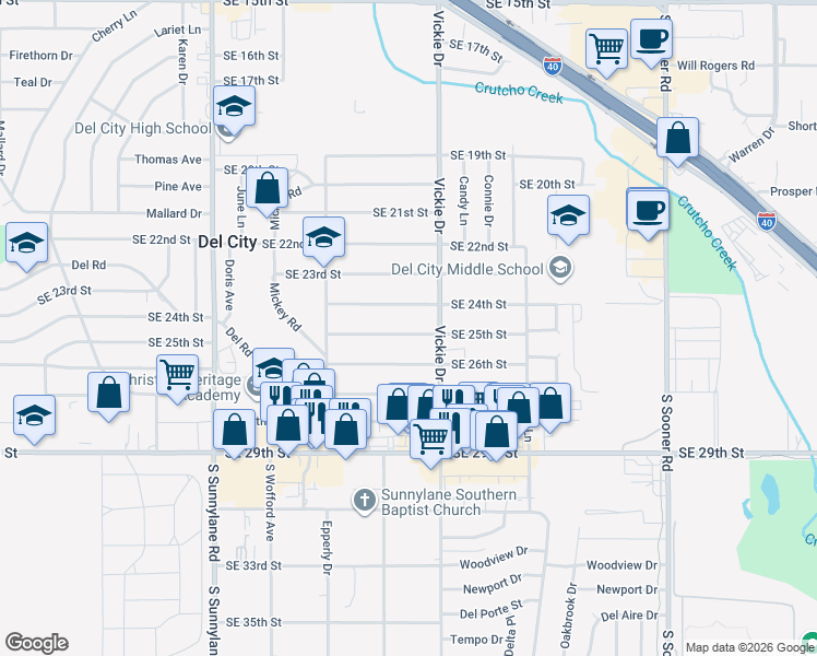 map of restaurants, bars, coffee shops, grocery stores, and more near 4612 Southeast 25th Street in Del City