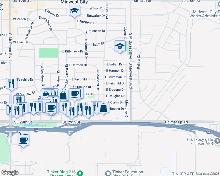 map of restaurants, bars, coffee shops, grocery stores, and more near 509 East Ercoupe Drive in Oklahoma City