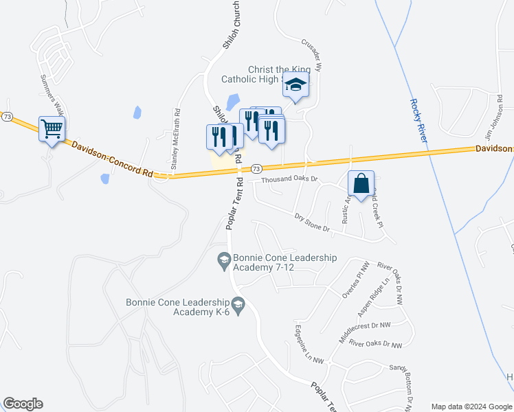 map of restaurants, bars, coffee shops, grocery stores, and more near 11049 Dry Stone Drive in Huntersville