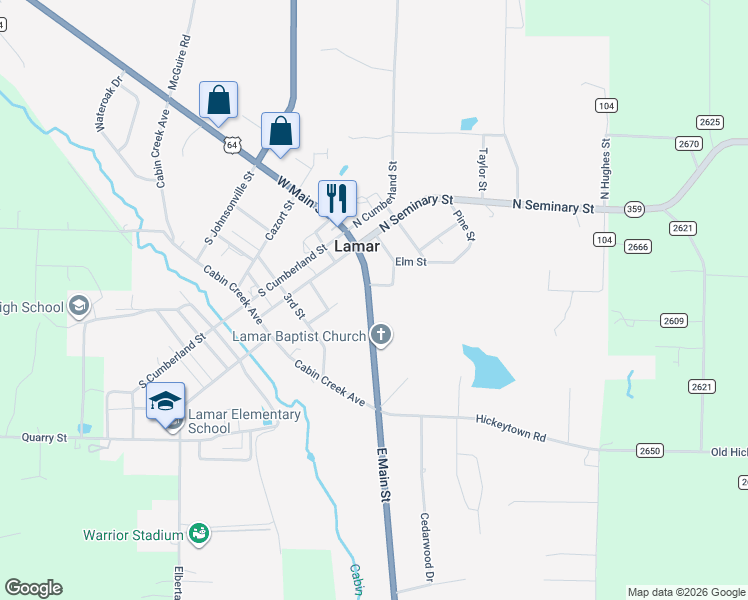 map of restaurants, bars, coffee shops, grocery stores, and more near 230 East Main Street in Lamar