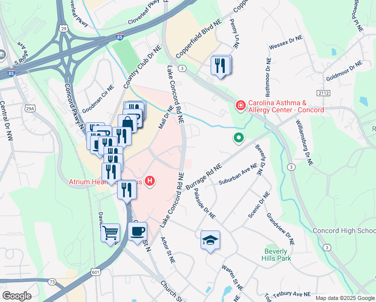 map of restaurants, bars, coffee shops, grocery stores, and more near 140 Lake Concord Road Northeast in Concord