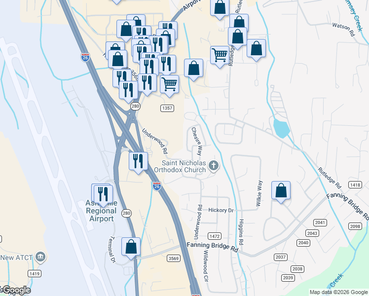 map of restaurants, bars, coffee shops, grocery stores, and more near 270 Farington Circle in Fletcher