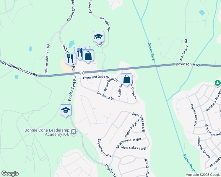 map of restaurants, bars, coffee shops, grocery stores, and more near 1629 Poplar Shadow Drive in Huntersville