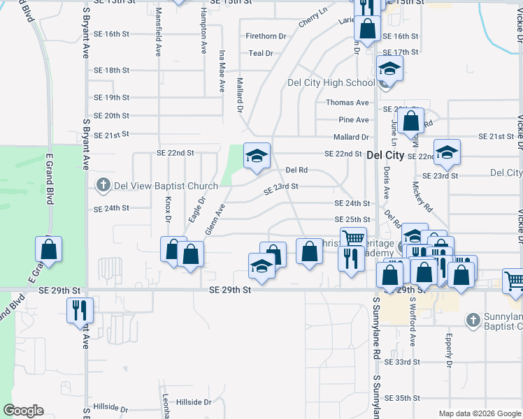 map of restaurants, bars, coffee shops, grocery stores, and more near 3725 Southeast 24th Street in Del City