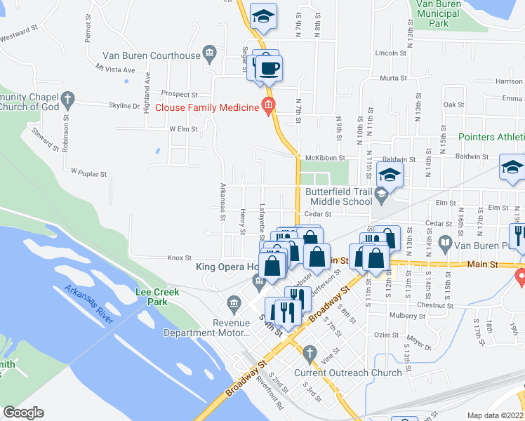 map of restaurants, bars, coffee shops, grocery stores, and more near 600 Cedar Street in Van Buren
