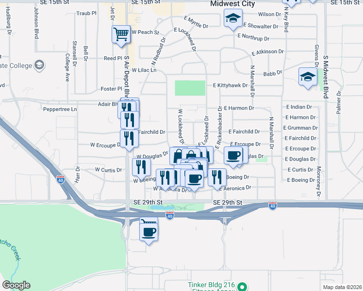 map of restaurants, bars, coffee shops, grocery stores, and more near 305 West Mid-America in Midwest City