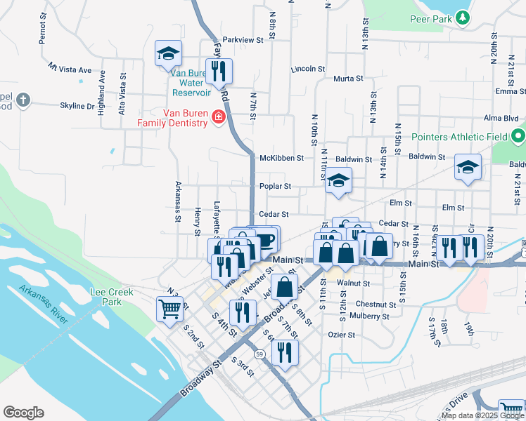 map of restaurants, bars, coffee shops, grocery stores, and more near 126 Cane Hill Street in Van Buren