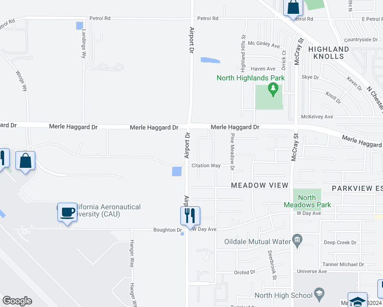 map of restaurants, bars, coffee shops, grocery stores, and more near 3465 Rustic Meadow Court in Bakersfield