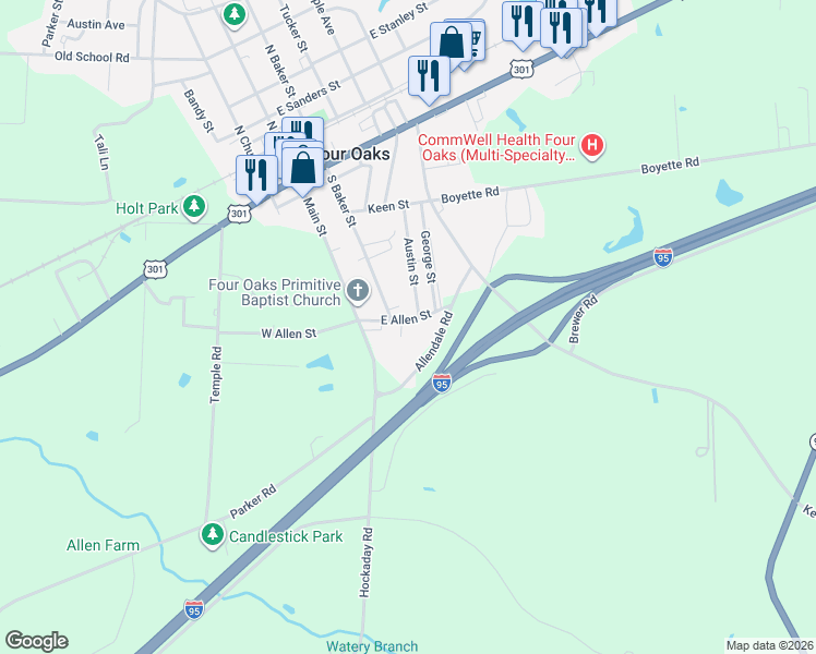 map of restaurants, bars, coffee shops, grocery stores, and more near 106 East Allen Street in Four Oaks