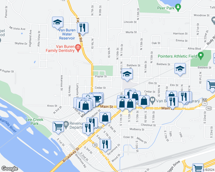 map of restaurants, bars, coffee shops, grocery stores, and more near 924 Cedar Street in Van Buren