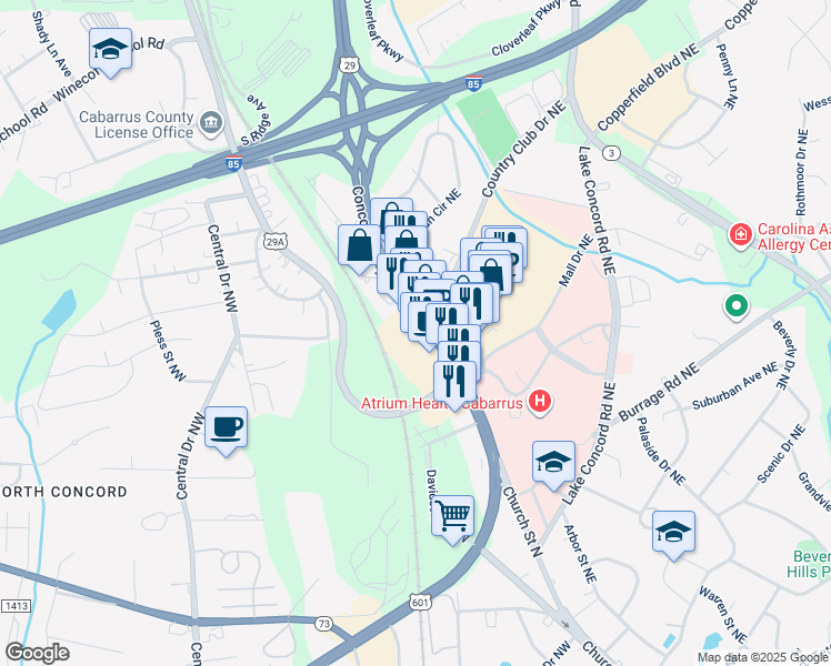 map of restaurants, bars, coffee shops, grocery stores, and more near 1495 Concord Parkway North in Concord