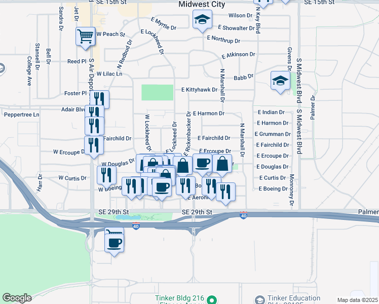 map of restaurants, bars, coffee shops, grocery stores, and more near 201 East Douglas Drive in Midwest City