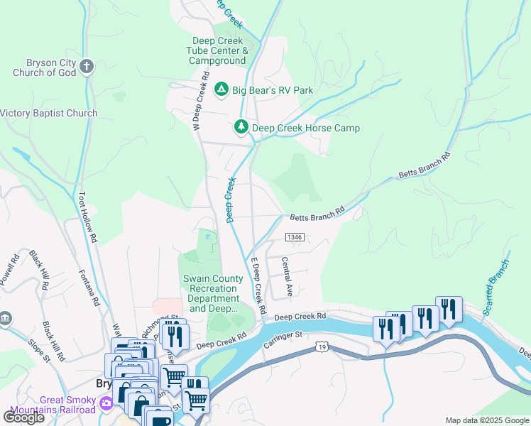 map of restaurants, bars, coffee shops, grocery stores, and more near 45 Betts Branch Road in Bryson City