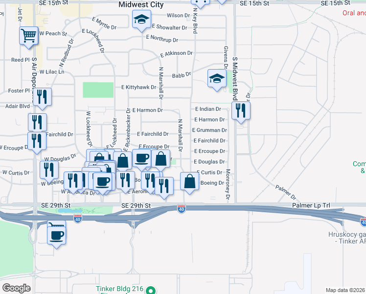 map of restaurants, bars, coffee shops, grocery stores, and more near 405 North Marshall Drive in Midwest City