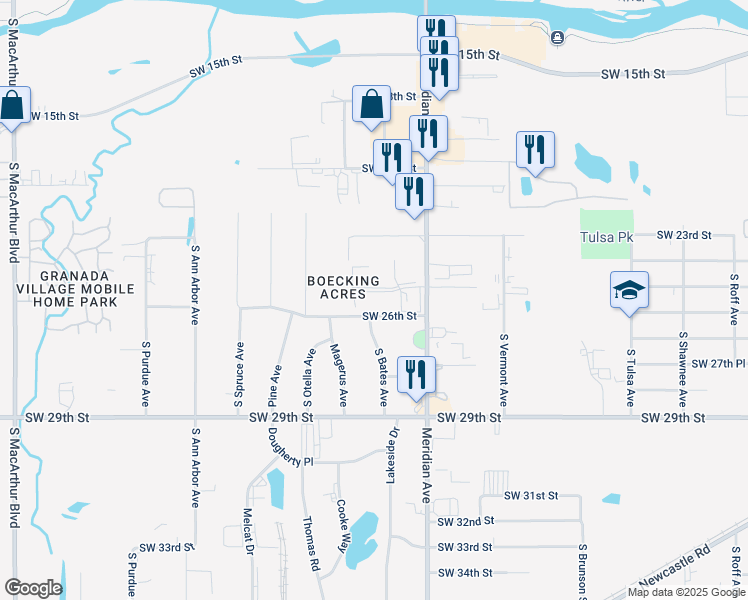 map of restaurants, bars, coffee shops, grocery stores, and more near 2609 South Meridian Avenue in Oklahoma City