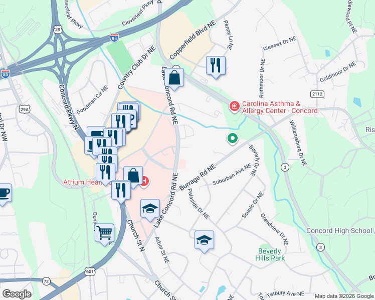 map of restaurants, bars, coffee shops, grocery stores, and more near 140 Lake Concord Road Northeast in Concord