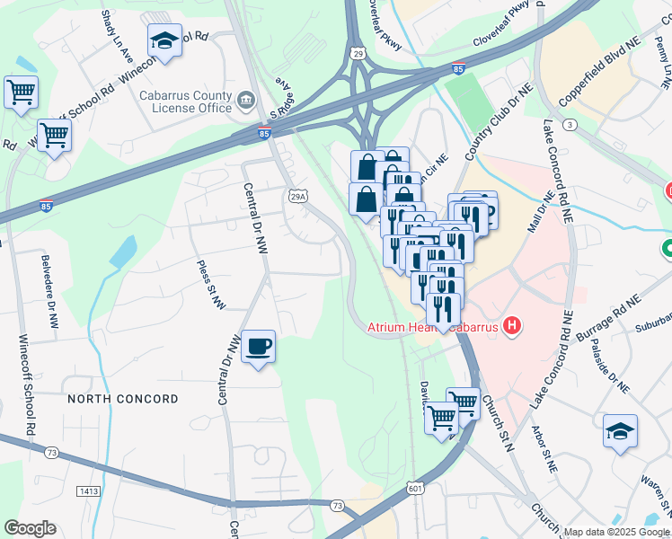 map of restaurants, bars, coffee shops, grocery stores, and more near 22 Marietta Place Northwest in Concord