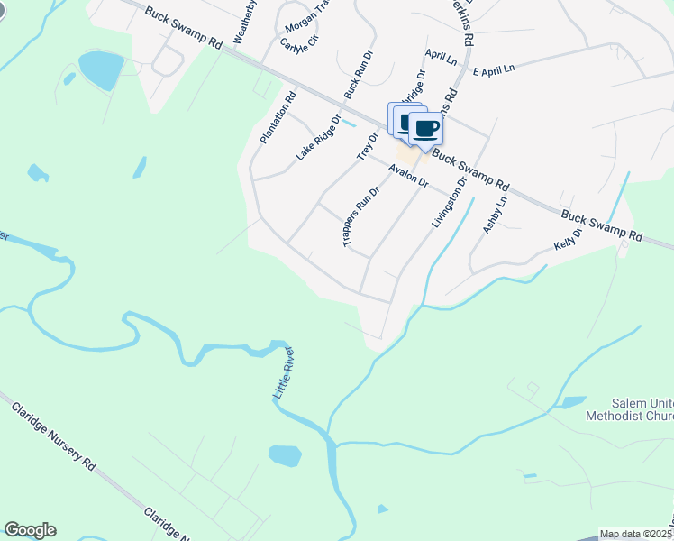 map of restaurants, bars, coffee shops, grocery stores, and more near 203 Plantation Rd in Goldsboro