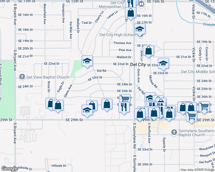 map of restaurants, bars, coffee shops, grocery stores, and more near 4005 Southeast 25th Street in Del City