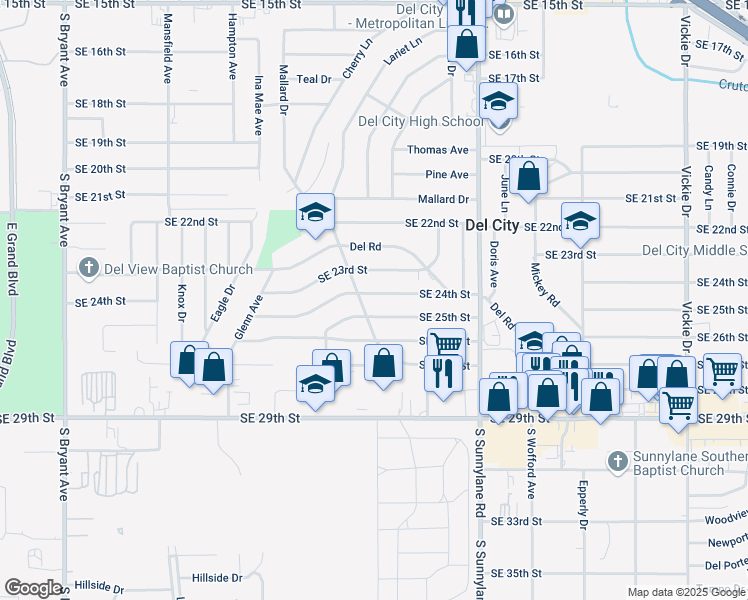 map of restaurants, bars, coffee shops, grocery stores, and more near 4005 Southeast 25th Street in Del City