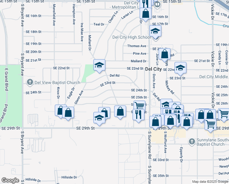 map of restaurants, bars, coffee shops, grocery stores, and more near 3900 Southeast 24th Street in Oklahoma City
