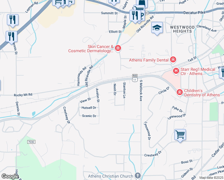 map of restaurants, bars, coffee shops, grocery stores, and more near 1511 View Street in Athens