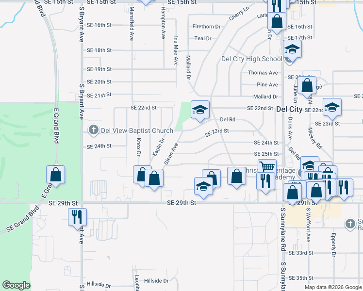 map of restaurants, bars, coffee shops, grocery stores, and more near 3609 Southeast 24th Street in Del City