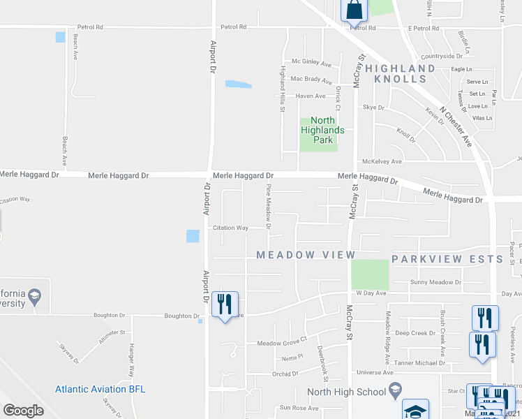 map of restaurants, bars, coffee shops, grocery stores, and more near 3633 Pine Meadow Drive in Bakersfield