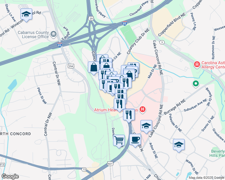 map of restaurants, bars, coffee shops, grocery stores, and more near 1495 Concord Pkwy N in Concord