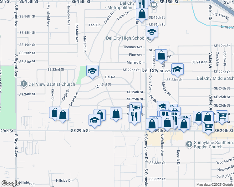 map of restaurants, bars, coffee shops, grocery stores, and more near 4005 Southeast 25th Street in Del City
