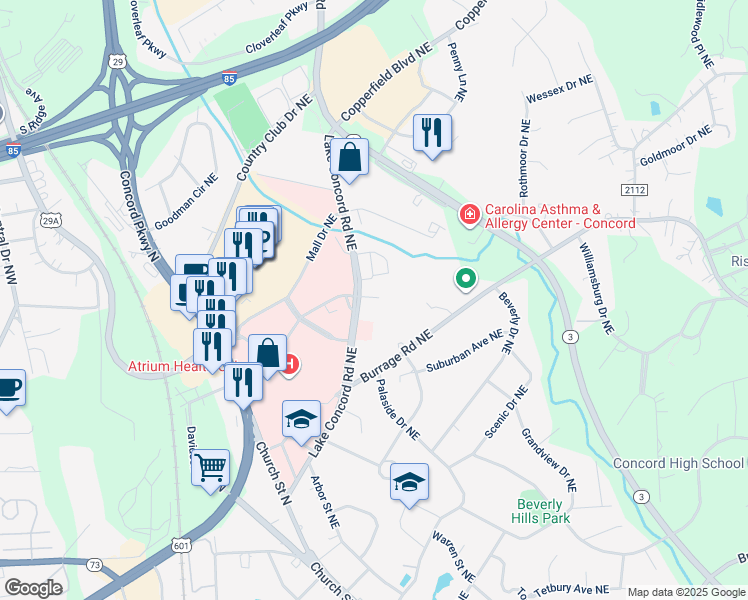 map of restaurants, bars, coffee shops, grocery stores, and more near 140 Lake Concord Road Northeast in Concord