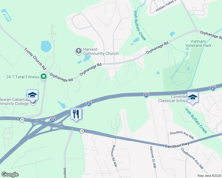 map of restaurants, bars, coffee shops, grocery stores, and more near Interstate 85 in Concord