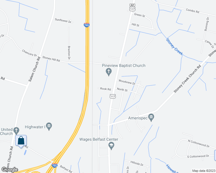 map of restaurants, bars, coffee shops, grocery stores, and more near 120 Rook Road in Goldsboro