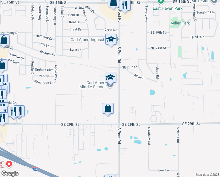 map of restaurants, bars, coffee shops, grocery stores, and more near 2515 South Post Road in Midwest City