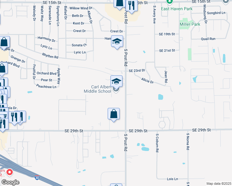 map of restaurants, bars, coffee shops, grocery stores, and more near 2515 South Post Road in Midwest City