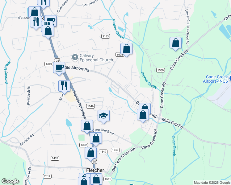 map of restaurants, bars, coffee shops, grocery stores, and more near 110 Torrington Avenue in Fletcher