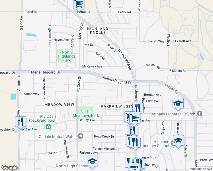 map of restaurants, bars, coffee shops, grocery stores, and more near 259 Dani Rose Lane in Bakersfield