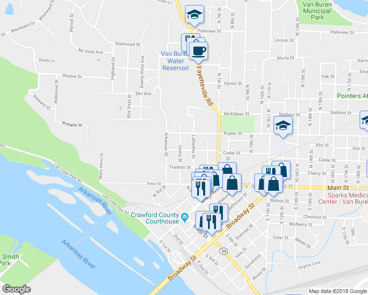 map of restaurants, bars, coffee shops, grocery stores, and more near 202 Henry Street in Van Buren