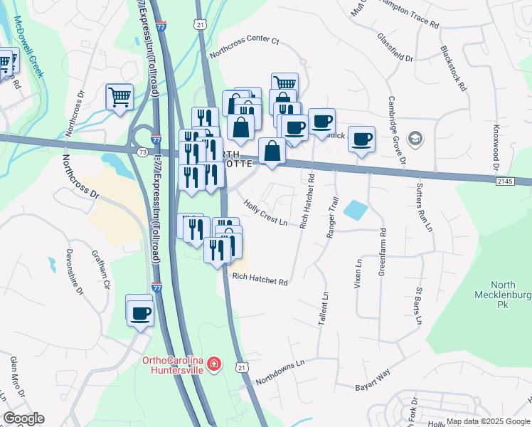 map of restaurants, bars, coffee shops, grocery stores, and more near 16403 Holly Crest Lane in Huntersville