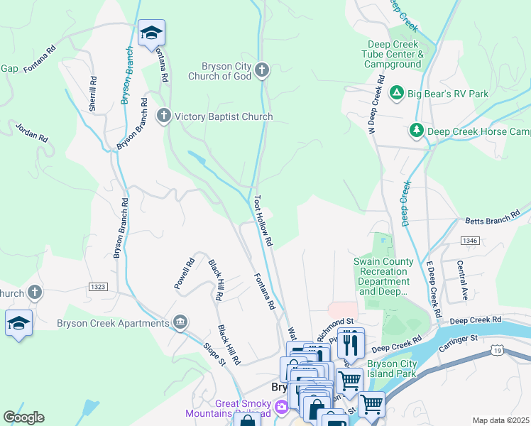 map of restaurants, bars, coffee shops, grocery stores, and more near 194 Monteith Road in Bryson City