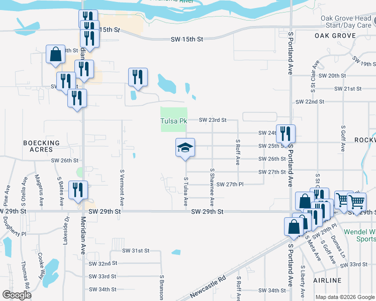 map of restaurants, bars, coffee shops, grocery stores, and more near 4033 Southwest 26th Street in Oklahoma City