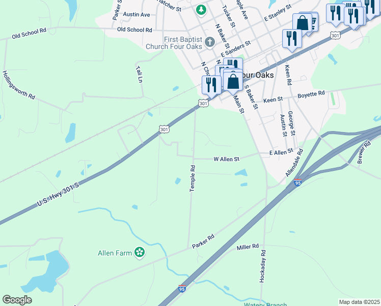 map of restaurants, bars, coffee shops, grocery stores, and more near 100 Allen Court in Four Oaks